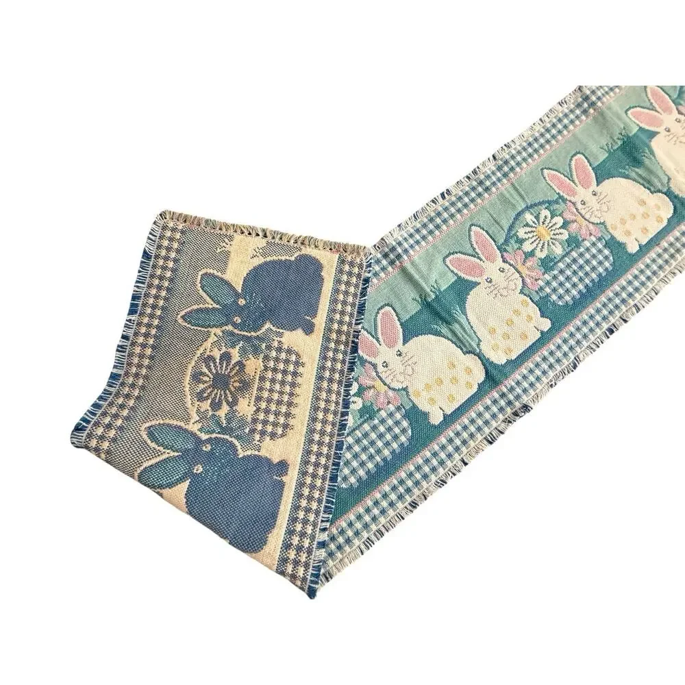 Table Runner Cotton Tapestry Bunny Rabbit Easter Decor Spring Fringed Edge